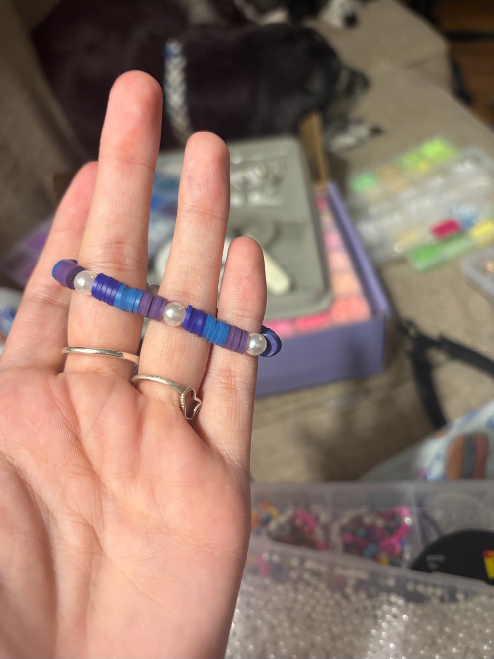 Purple and Blue Heishi Bead Bracelet with Pearl Accents